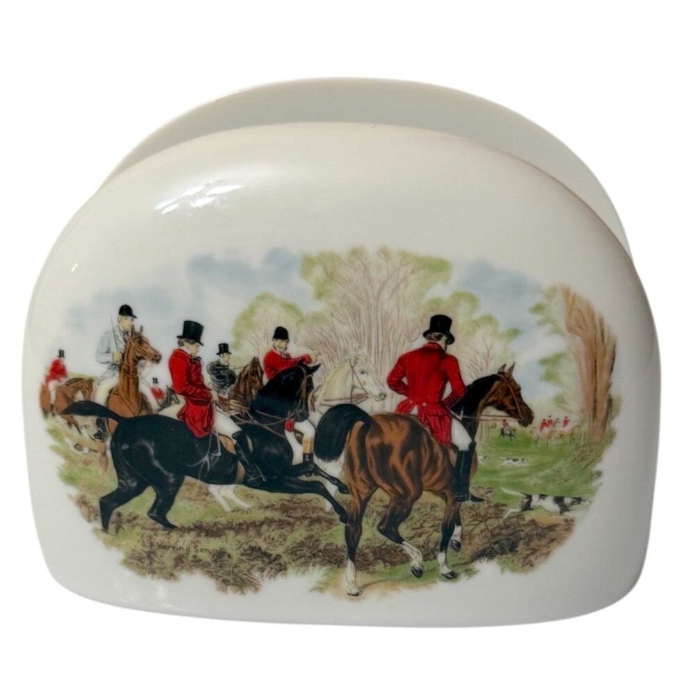 Vintage House of Prill Porcelain Hunt Scene Napkin Holder English Country Horses